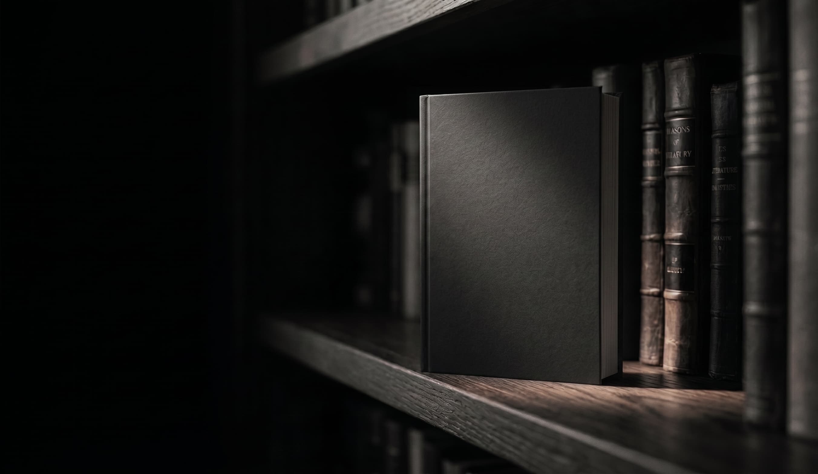 Series V - The Monolith standing on a dark bookshelf